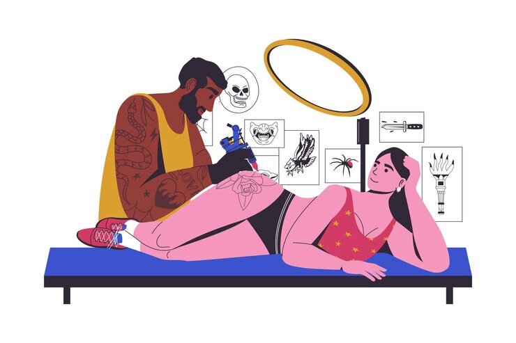 Vetor tatuador trabalha com menina tatuador hipster com personagem de mulher no salão de tatuagem tatuador de desenhos animados no trabalho conceito de arte da pele ilustração vetorial
