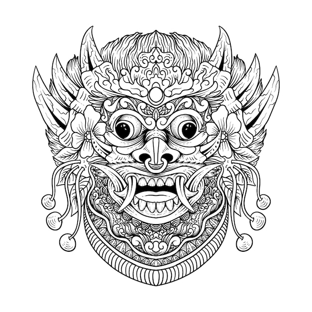 Tatuagem anúncio camiseta desenho mão desenhada rangda barong bali estilo indonésio linha arte