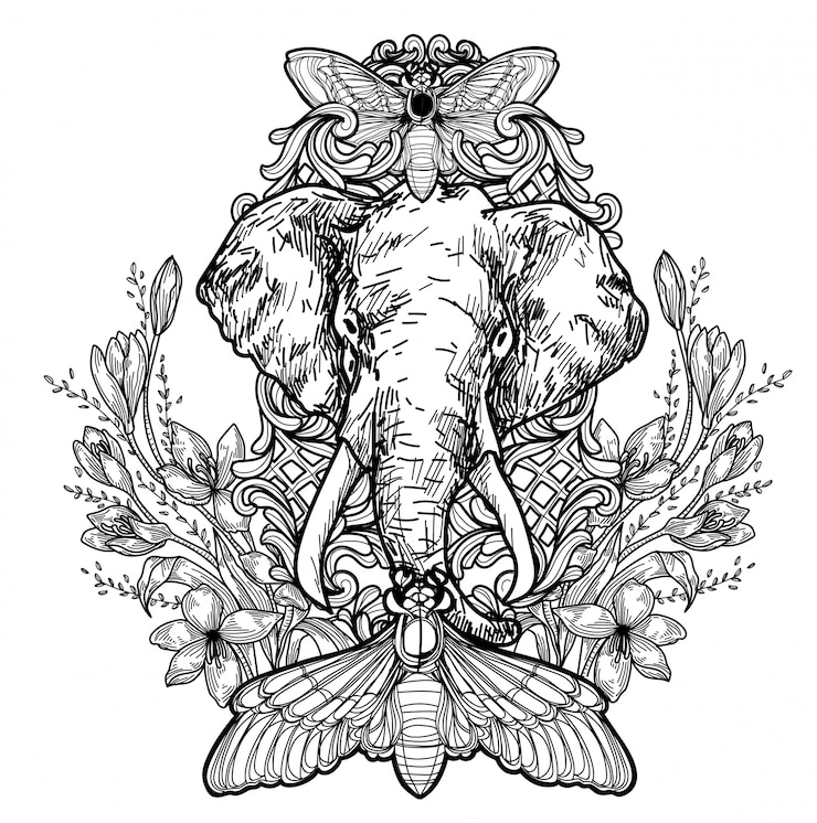 Vetor tatuagem arte elefante mão desenho preto e branco
