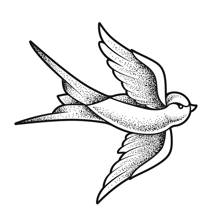 Vetor tatuagem da velha escola andorinha pássaro isolado no branco. arte vetorial estilo dotwork.