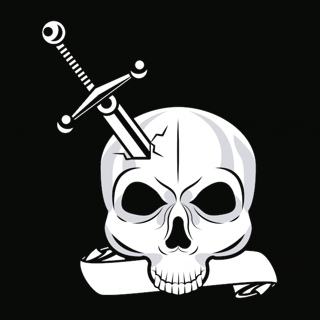 Vetor tatuagem de cabeça de crânio com gráfico de espada