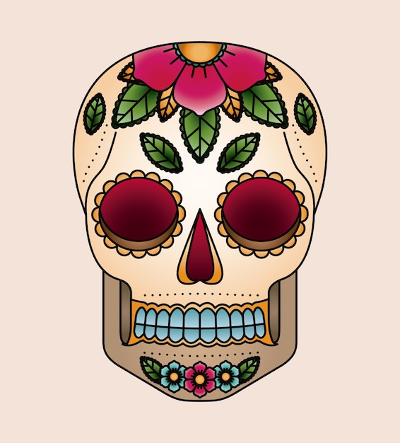 Tatuagem de caveira e flores isolado ícone do design