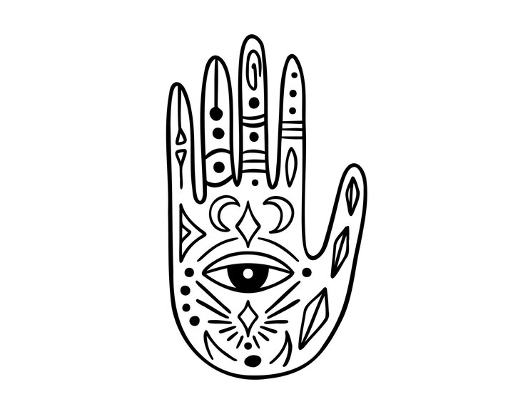 Vetor tatuagem de contorno místico étnico vintage de mão ou palma de moda antiga símbolo desenhado à mão oculto com olho