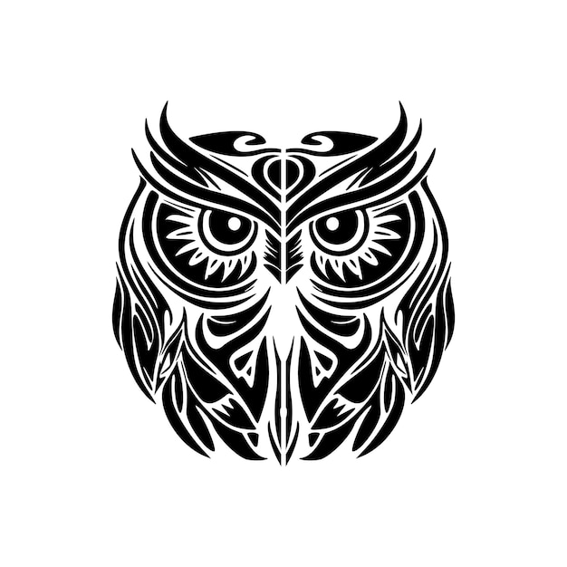 Tatuagem de coruja monocromática com desenhos tradicionais da Polinésia