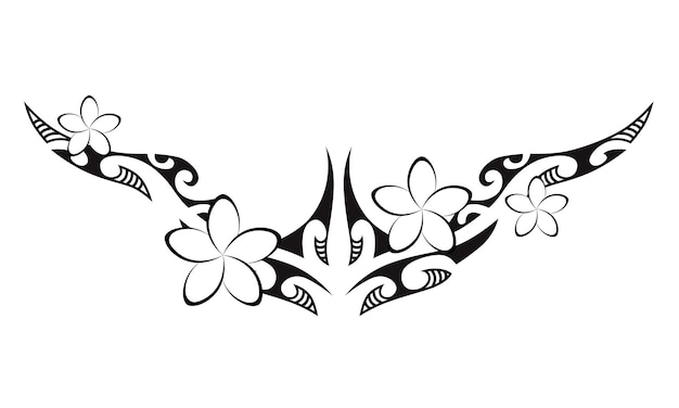 Tatuagem de estilo maori ornamento oriental decorativo étnico com flores frangipani plumeria