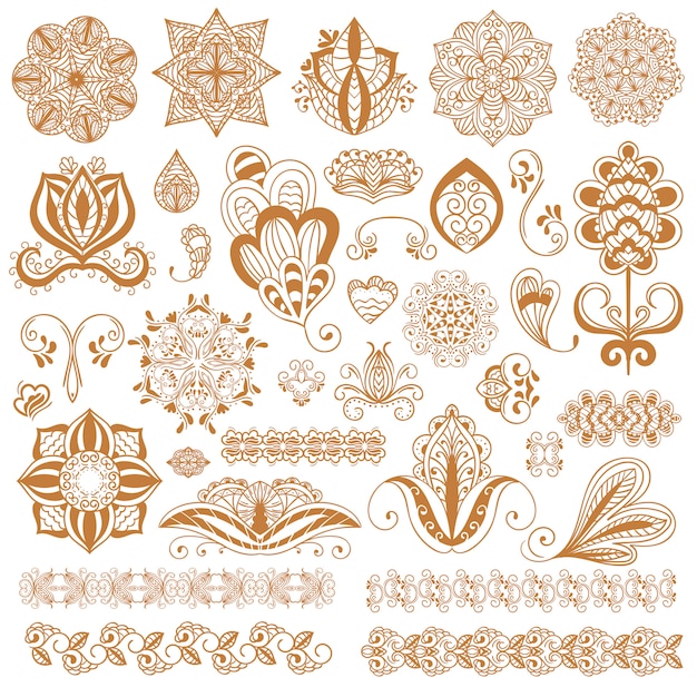 Tatuagem de henna mehndi conjunto de flores