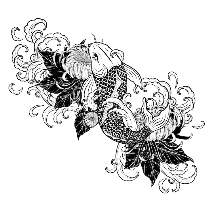 Vetor tatuagem de peixe koi e de crisântem com desenho manual