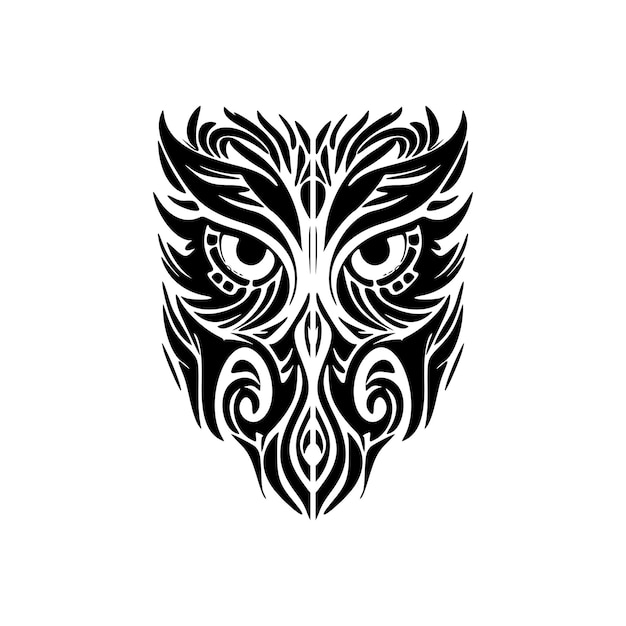 Tatuagem de uma coruja em preto e branco com desenhos polinésios