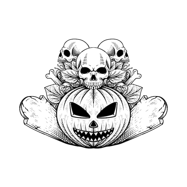 Tatuagem desenho desenhado à mão abóbora com caveira ilustração de halloween