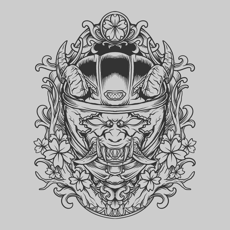 Vetor tatuagem e camiseta desenho mão desenhada ilustração diabo com capacete máscara completa gravura ornamento