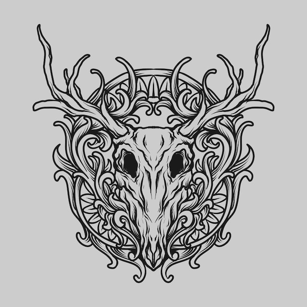 Tatuagem e camiseta desenho preto e branco desenhado à mão cervo crânio ornamento de gravura