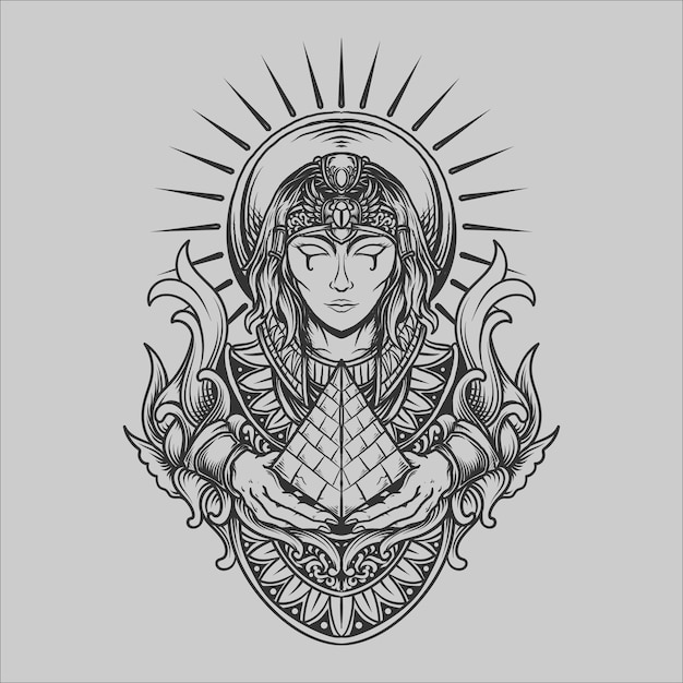 Tatuagem e camiseta desenho preto e branco desenhado à mão deusa egípcia gravura ornamento