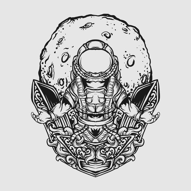 Tatuagem e camiseta desenho preto e branco ilustração desenhada à mão astronauta e ornamento de gravura da lua