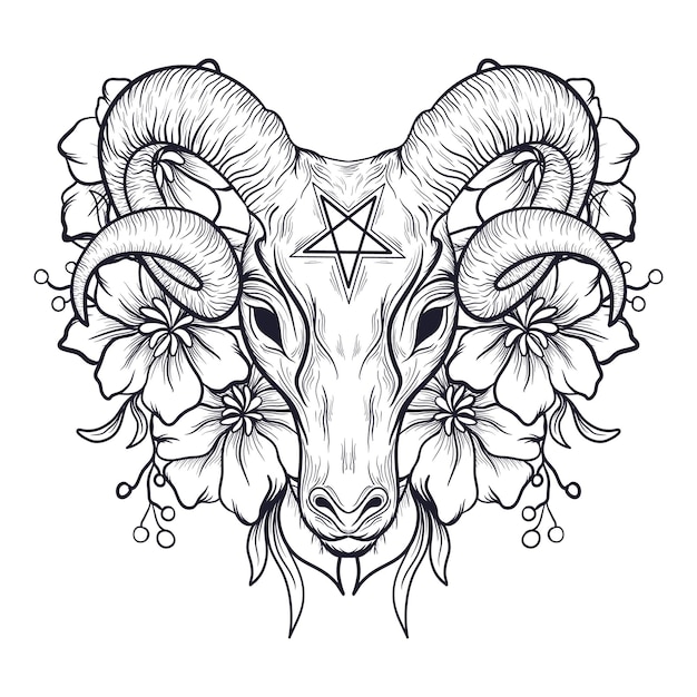 tatuagem e camiseta desenho preto e branco mão desenhada cabra ornamento de gravura