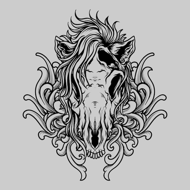 Tatuagem e camiseta desenho preto e branco mão desenhada cavalo crânio gravura ornamento