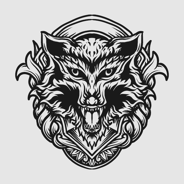 Tatuagem e camiseta desenho preto e branco mão desenhada ornamento de gravura de cabeça de lobo