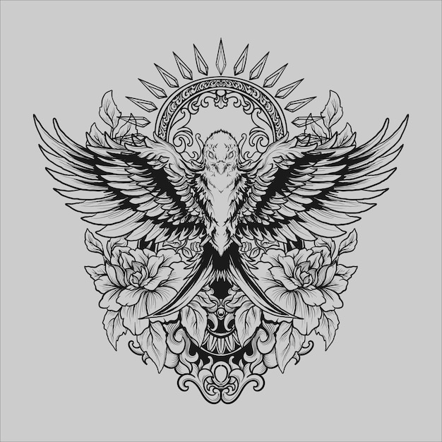 Tatuagem e camiseta desenho preto e branco mão desenhada pássaro e rosa ornamento de gravura