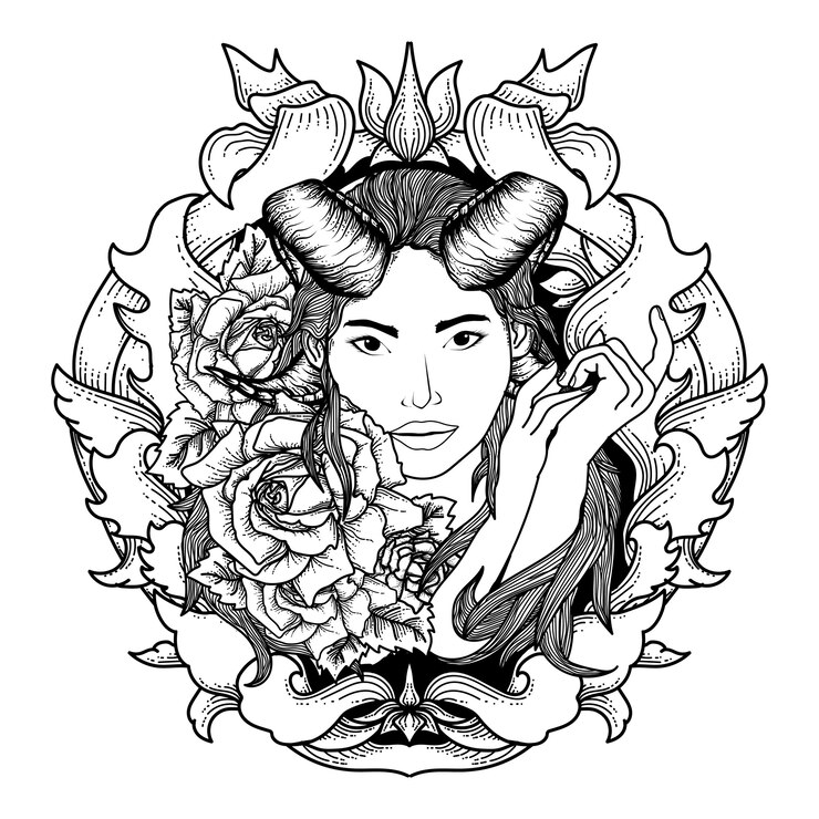 Vetor tatuagem e camiseta design diabo mulheres e rosas em ornamento