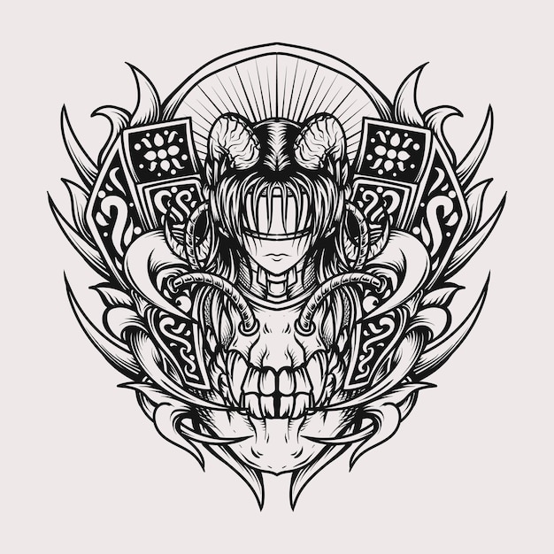 Tatuagem e t-shirt desenho preto e branco mão desenhada ilustração caveira e diabo mulheres gravura ornamento