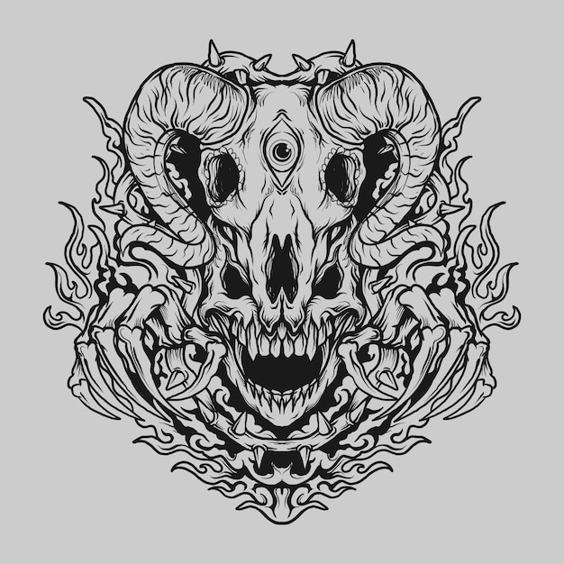 Tatuagem e t-shirt design preto e branco desenhado à mão crânio e crânio de cabra