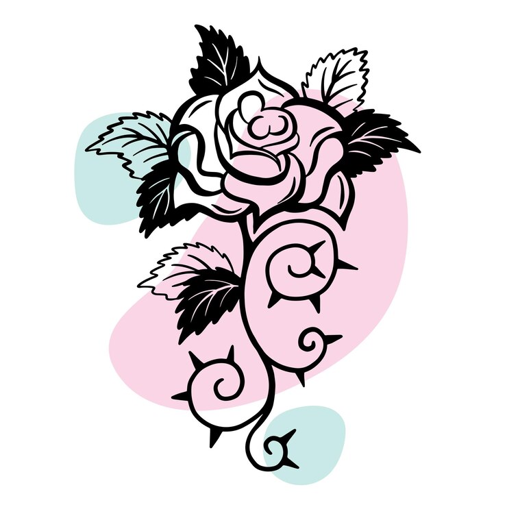 Vetor tatuagem temporária transferível de uma menina rosa romântica com espinhos amor lineart e gravura
