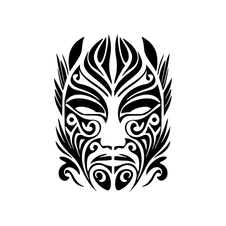 Vetor tatuagem vetorial de máscara de deus polinésia em preto e branco