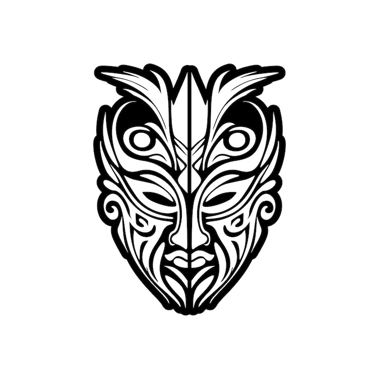 Vetor tatuagem vetorial de um esboço de máscara de deus polinésio preto e branco