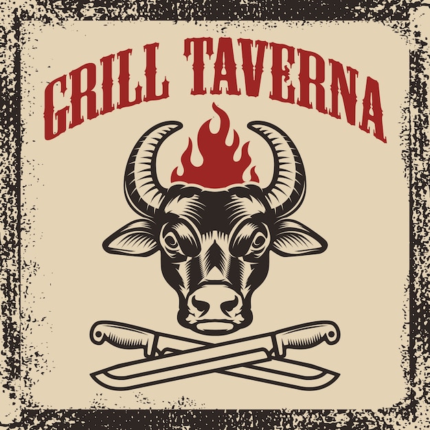 Taverna de grelhados. Cabeça de touro com duas facas cruzadas em fundo grunge. ilustração