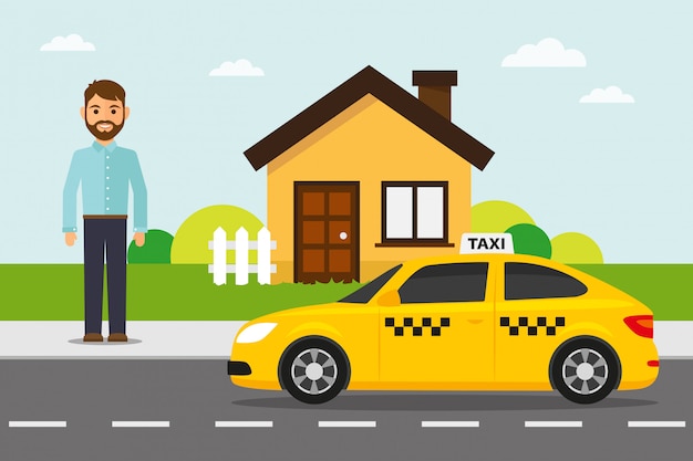Táxi amarelo com passageiros e casa