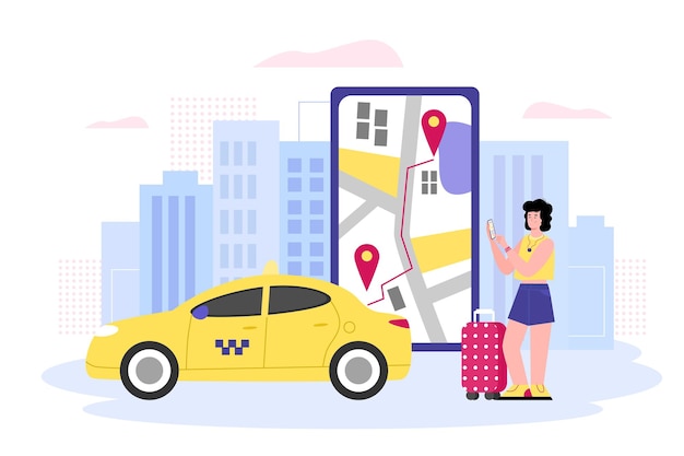 Táxi móvel online com ilustração vetorial plana de mulher viajando isolada