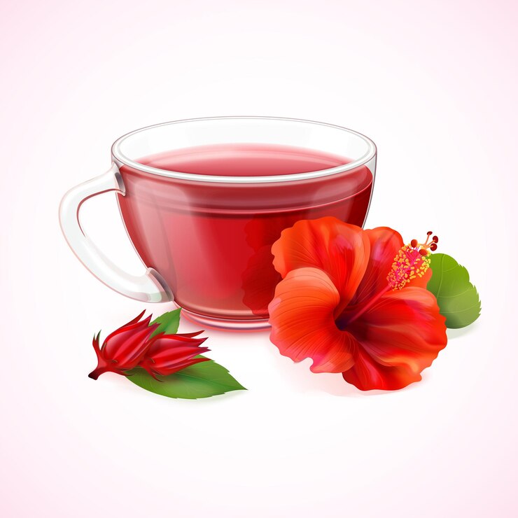 Vetor té de hibisco realista roselle flor vermelha xícara de bebida quente sabor saudável pequeno-almoço xícara de vidro transparente com flores de rosa bract pote de xícara de calor