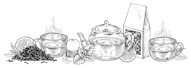 Tea borda vetor ilustração desenhada à mão chaleira com canecas esboço desenho preto e branco vintage