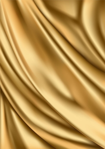 Tecido dourado ondulado, fundo vertical do vetor. ilustração realista de cetim dourado com espaço de cópia, para decoração de luxo ou design de moda.