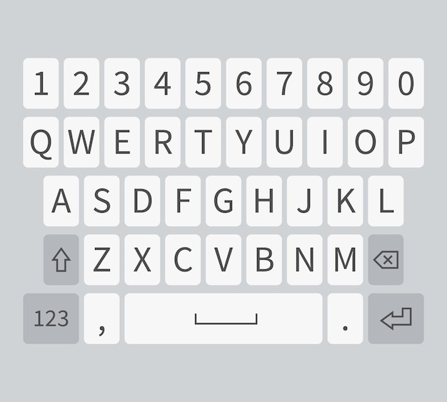 Vetor teclado de smartphone. botões de telefone móvel realistas brancos com alfabeto inglês, números e sinais na tela, teclado de mídia social para dispositivo digital, ilustração isolada em vetor de modelo de teclado ui
