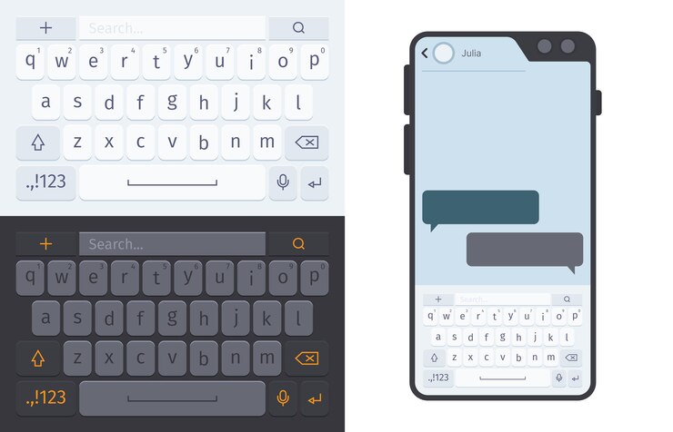 Vetor teclado do smartphone. números e letras para o modelo de vetor berrante de digitação de botões de digitação de tema escuro e branco da interface do usuário do smartphone. comunicação da tela de toque, ilustração da interface digital da tela