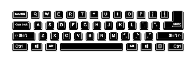 Teclado silhueta preto teclado de computador teclas de teclado layout em inglês ilustração vetorial