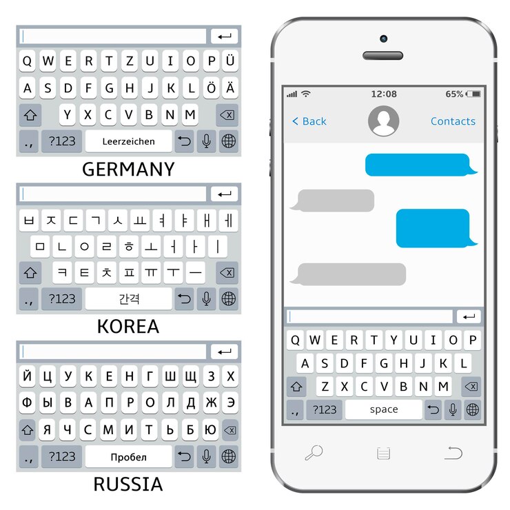 Vetor teclados virtuais de telefones celulares em inglês, coreano, alemão e russo