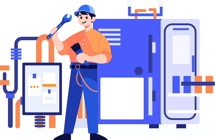 Vetor técnico desenhado à mão ou engenheiro com motor na fábrica em estilo simples, isolado no fundo