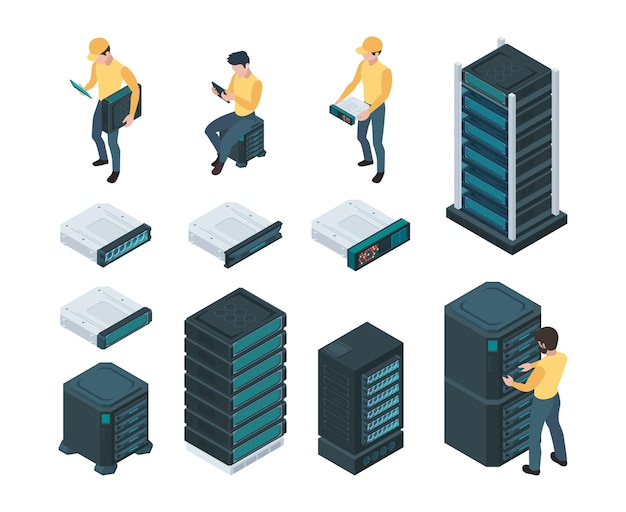 Vetor técnico na sala do servidor. computador lan master com roteador comunicar conjunto isométrico de vetor de processos de tecnologia de cabeamento de hardware. servidor técnico de ilustração, engenheiro de dados e armazenamento de serviço de segurança