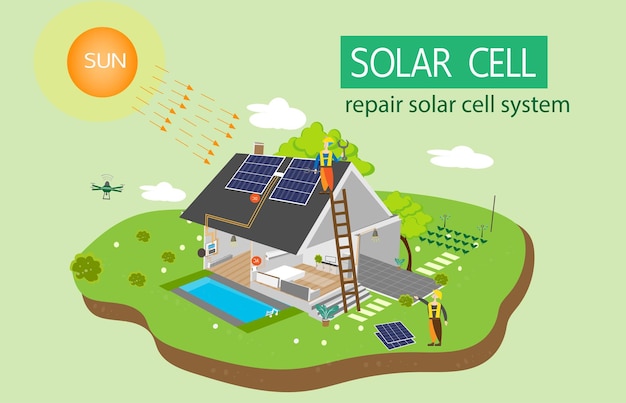 Técnico reparando e instalando sistema de células solares