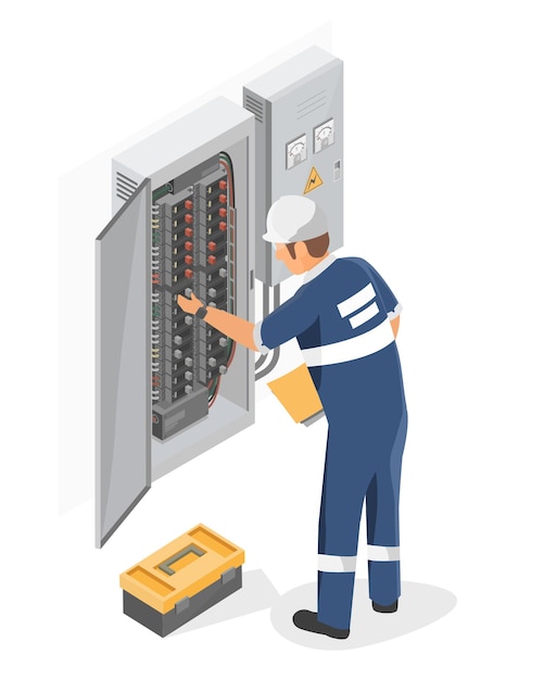 técnicos de energia de caixa de eletricidade engenharia verificando manutenção de serviço vetor isolado isométrico