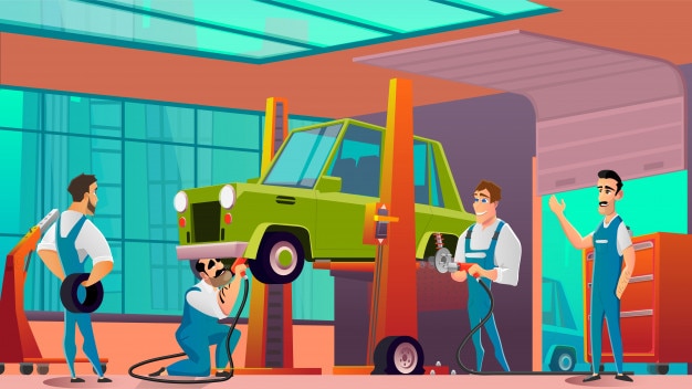 Técnicos de garagem, substituindo a roda ou pneu no carro