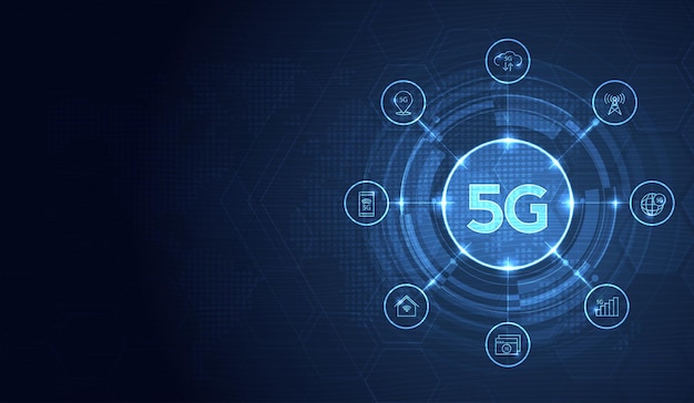 Vetor tecnologia 5g transmissão de dados sem fio internet de alta velocidade em resumo fluxo de informação conceito de conexão de rede moderna fundo conexão global e conceito de rede de internet projeto vetorial