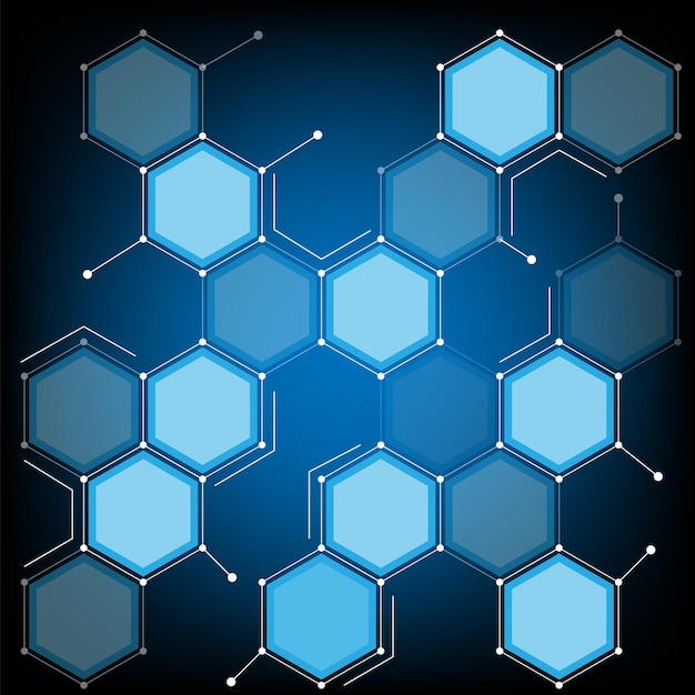 Vetor tecnologia abstrata em forma de hexágono vetorial e conceito de fundo científico com molécula de cor azul