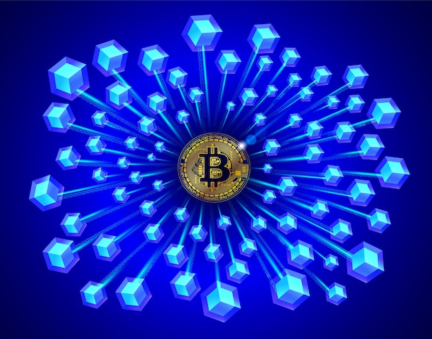 Tecnologia blockchain em bitcoin em fundo azul