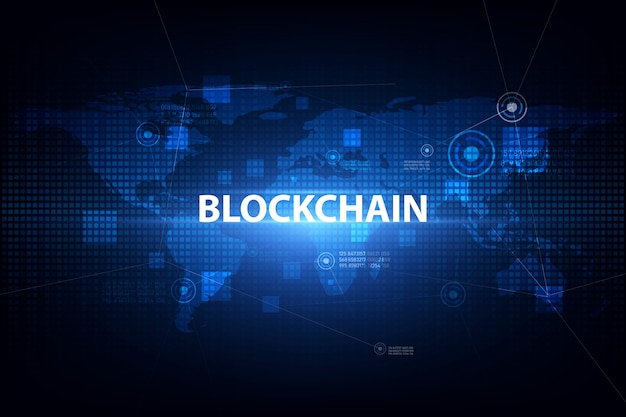 Tecnologia Blockchain no fundo futurista com rede de mapas do mundo