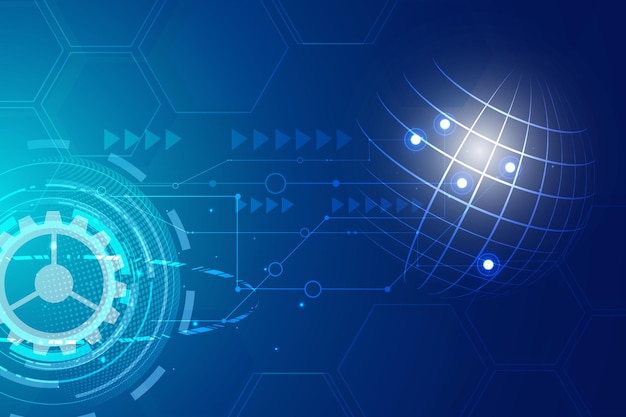 Tecnologia de alta tecnologia digital com roda dentada e fundo de linhas de rede geométricas. eletricidade azul criativa. comunicação de internet moderna gráfica. conceito de cartão de computador de negócios.