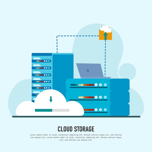 Vetor tecnologia de armazenamento e conceito de serviço de servidor em nuvem com conceito de trabalho do administrador.