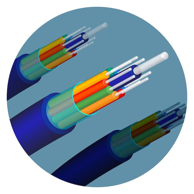 Vetor tecnologia de cabo de fibra óptica definida em círculo. itens importantes em telecomunicações usados para ajudar a transmitir sinais. objetos óticos isolados