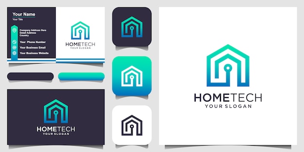 Tecnologia de casa inteligente com logotipo de estilo de arte de linha e design de cartão de visita